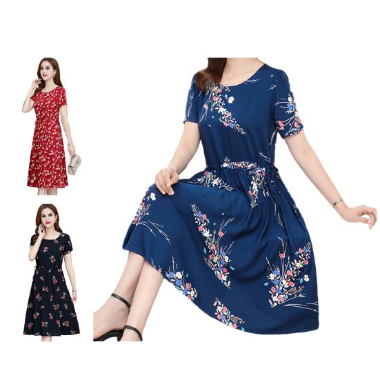 Женское летнее платье с цветочным принтом в стиле бохо с короткими рукавами и круглым вырезом, струящееся пляжное платье-сарафан А-силуэта с завязками на талии