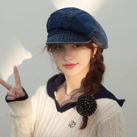 Women's Denim Newsboy Cap Visor Beret Hat with Short Brim Sun Protection Cabbie Cap for Spring Summer Travel Outdoors