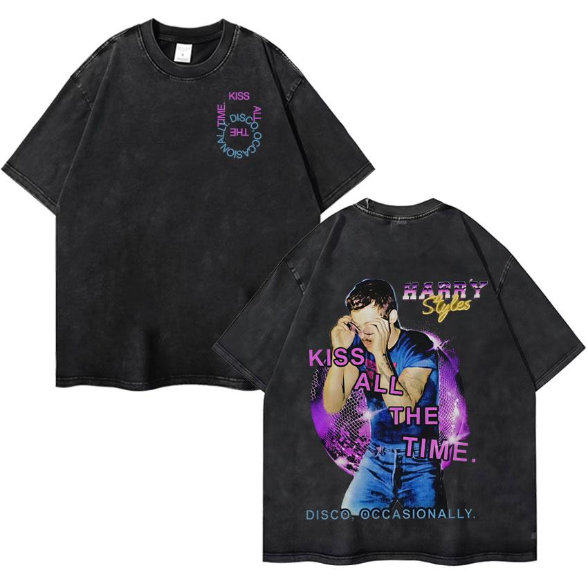 Harry Styles Kiss All The Time Disco Occasionally  Tour High Quality Vintage Washed ONeck Tshirt Fan Gift Unisex Cotton Tee