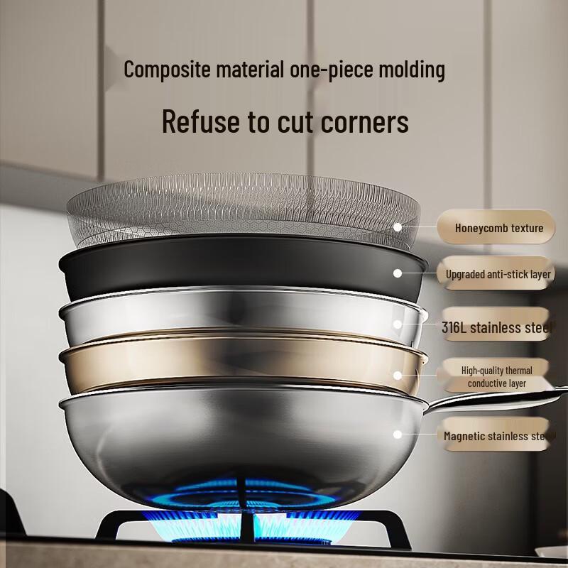 KOBACH 30cm 316L Stainless Steel Non-stick Flat Bottom Wok
