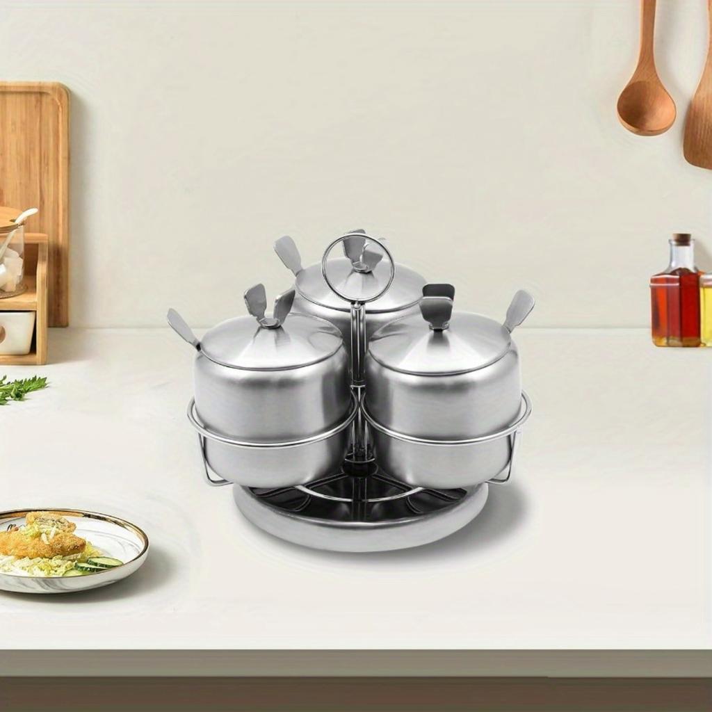 3 Pcs Stainless Steel Seasoning Condiment Jars, Revolving Sugar Bowl Coffee Pot Rotating Spice Jar Set with Rack Spice Container with Lid and Spoon