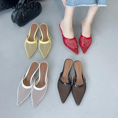Модные женские тапочки SUOJIALUN Модные остроносые слипоны Элегантные женские мюли из сетки Обувь Тонкий высокий каблук Уличные сандалии Большой размер 41