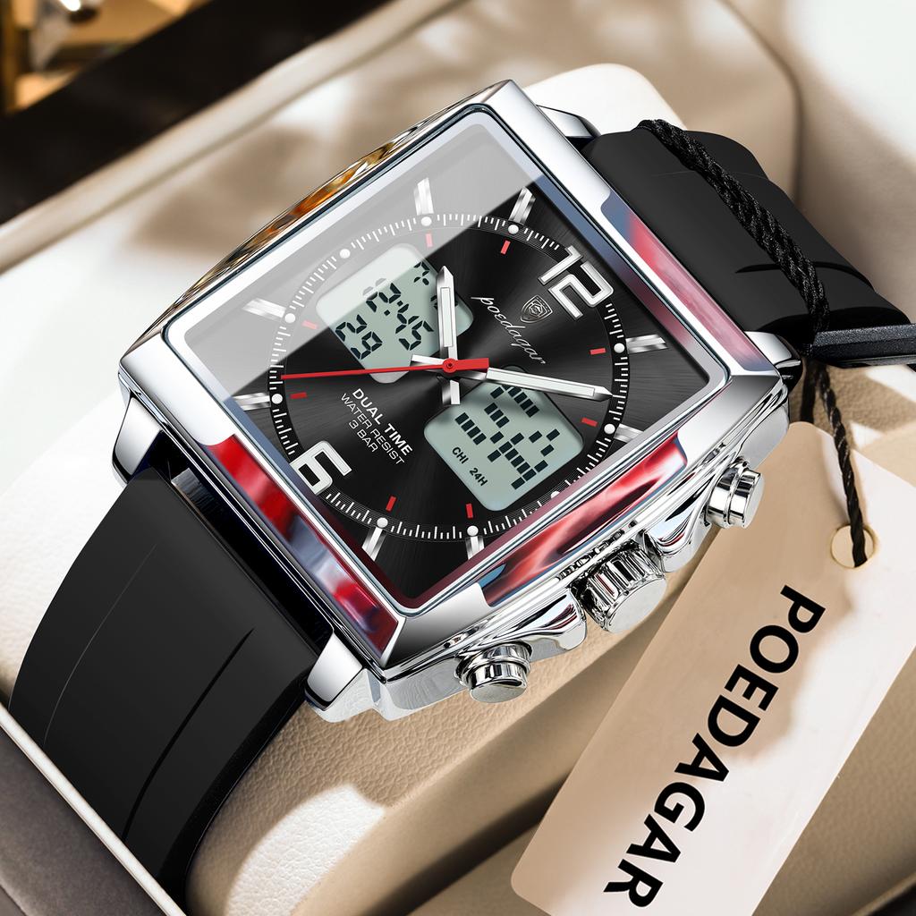 POEDAGAR Luxury Top Man Watch Electronic Square LED Alarm Chronograph Watches Week Date Dual Time Display Quartz Clock