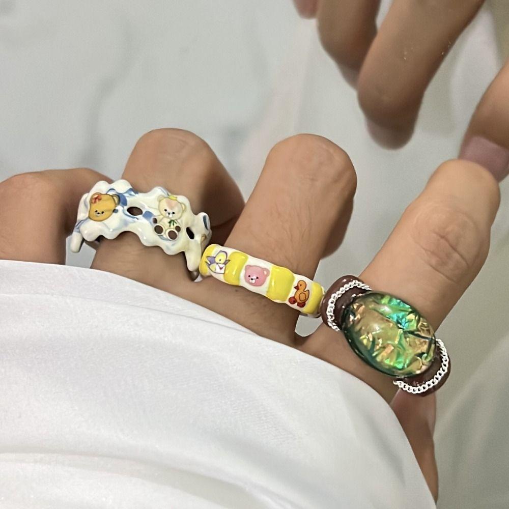 Open Ring Painting Ring Dripping Oil Irregular Enamel Ring Vintage Cartoon Bear Ring  Friend