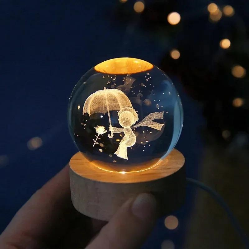 6cm 3D Crystal Ball Crystal Planet Night Light Laser Engraved Solar System Globe Astronomy Birthday Gift Home Desktop Decoration