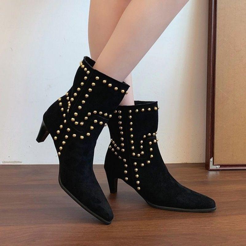 Fashion Fashion Women Boots Autumn Winter Women Shoes Brown Pointed Rivets Short Boots Suede Western Cowboy Ankle Boots Botas Para Mujer