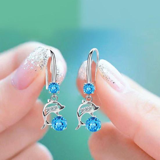 1 Pair Korean Style Hook Earrings Dolphin Design Shiny Rhinestones Drop Earrings Women Mid-length Earrings