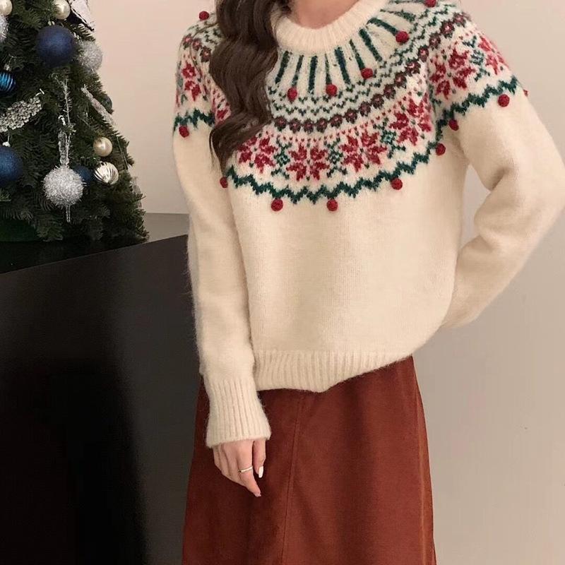 Осень и зима Рождественский ленивый мягкий восковой трикотажный свитер с круглым вырезом ретро жаккардовый красный свитер Fair Isle женский пуловер свободный