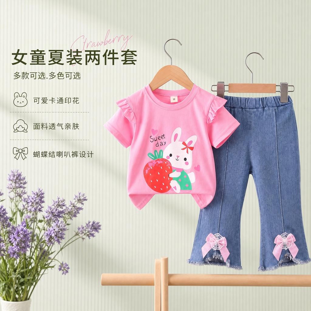 Girls Summer Cute Cartoon Short Sleeve Tee And Bow Knot Jeans Two Piece Set Casual Outfit