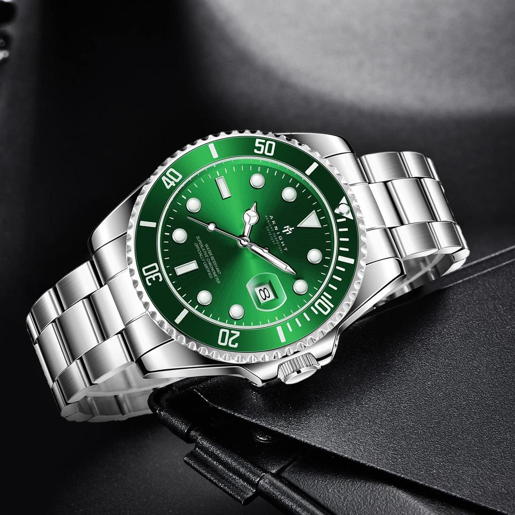 AKNIGHT Analog Watch with Unidirectional Rotating Stylish Crystal Luminous Stainless Steel 30m Water Luminous Date Japanese Instruction Manual Men's