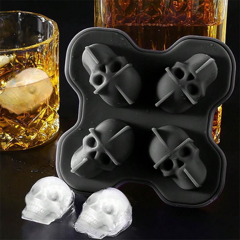 1pc-3D Skull Ice Cube Tray, Silicone Ice Maker Molds , 4 Cavity Ice Cube Tray for Ice Cream & Party