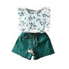 Летние повседневные футболки с расклешенными рукавами и цветочным принтом для маленьких девочек, топы + шорты, костюмы, комплект костюмов