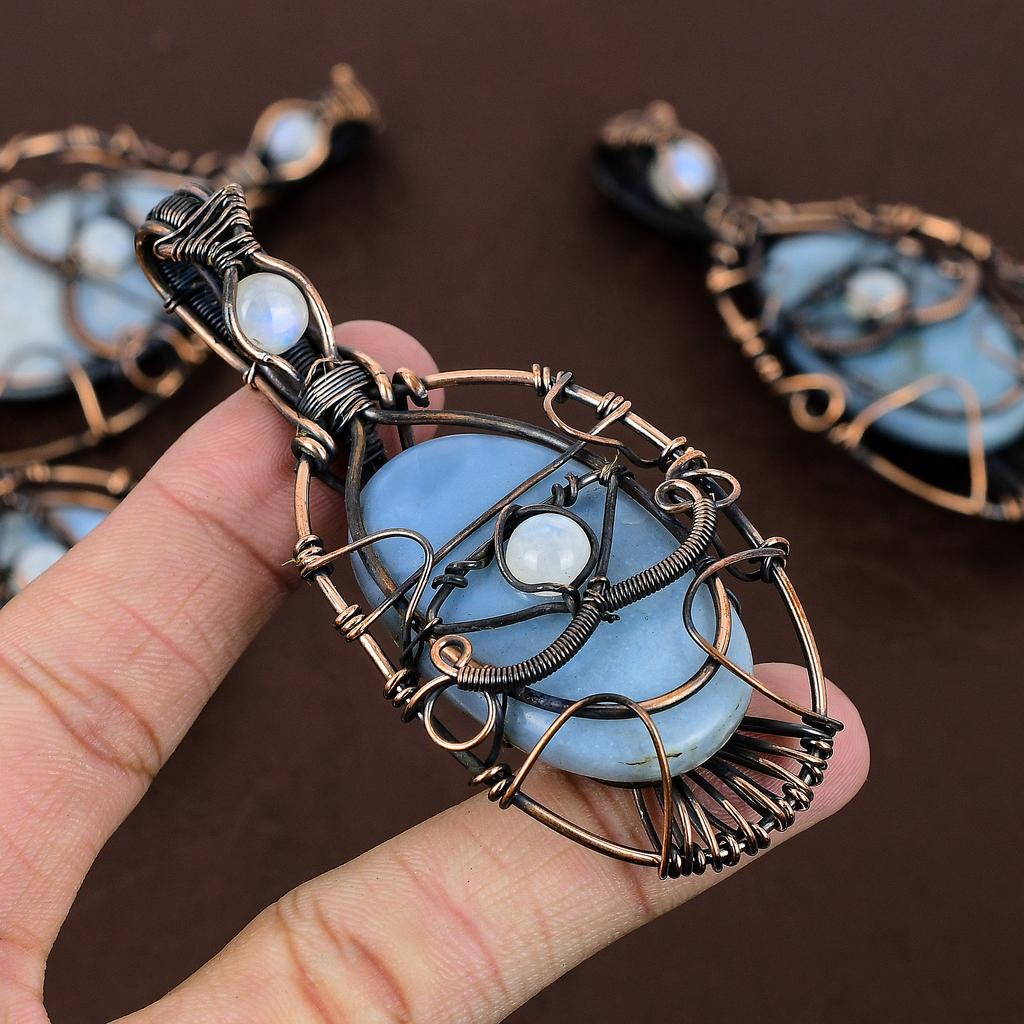 Owyhee Opal, Moonstone Gemstone Copper Wire Wrap Pendant 3.39"