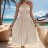 Summer Women's Dress Holiday Solid Colour Hanging Neck Pleated Dresses