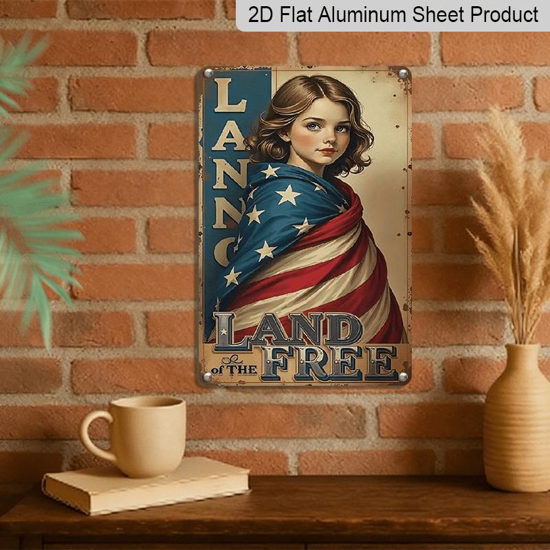 2D Flat, Vintage Patriotic Metal Sign Wall Art - 8x12 Inch Rustic American Flag Design with "Land of The Free" Text, Durable Aluminium Indoor/Outdoor