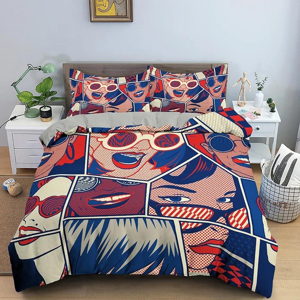 Comic Pattern Duvet Cover Queen King Cartoon Bedding Collection For Boys Girls Hippie Hip Hop Rock Style Polyester Comforter Cover