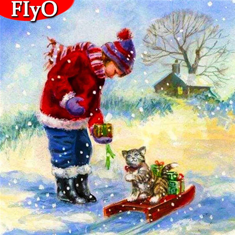 Полная квадратная алмазная вышивка Рождество Зима Снег Алмазная картина Малыш Кошка Мозаика Пейзаж Декор для дома