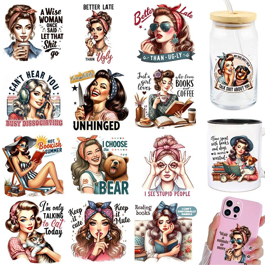3Pcs Retro 80S Woman Sarcastic Housewife Diy Uv Dtf Rub On Transfer Stickers Craft Glass Mug Cup Wraps Junk Journal Scrapbooking