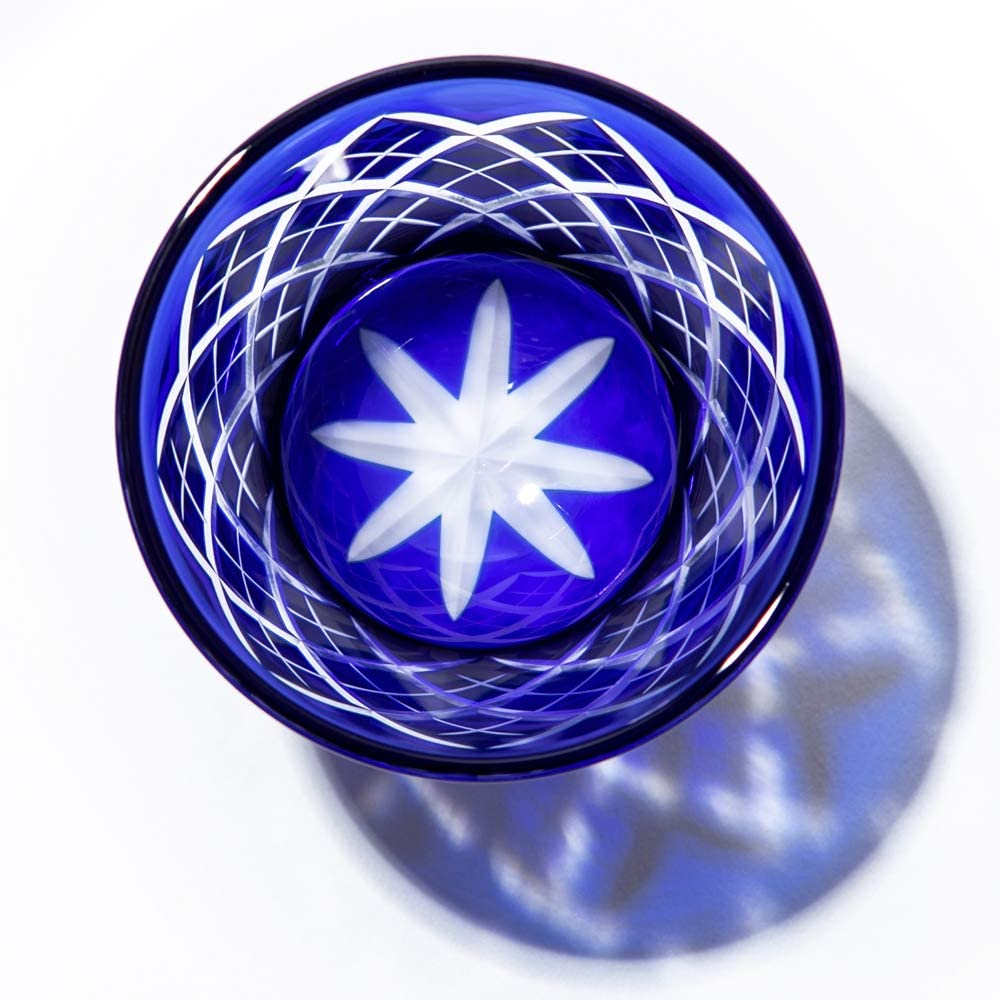 Kobo Edo Kiriko Yarai Crest Cold Sake Cup Wooden Box Made In Japan [Taimuro Official] (Ruri) TB90152-1B