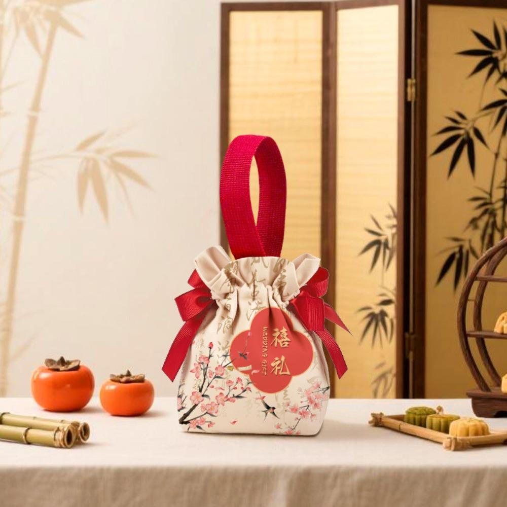 Свадебный мешочек для конфет с бантом Холщовая сумка в китайском стиле Милая маленькая сумочка на запястье Вечеринка