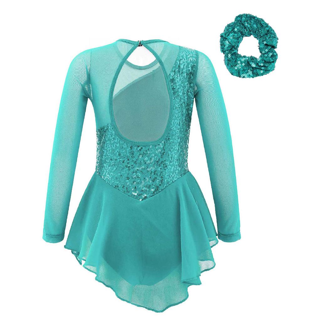 Платье для танцев для девочек, длинный рукав, круглый вырез, декор пайетками, цветок спереди, вырез на спине, костюм для выступлений