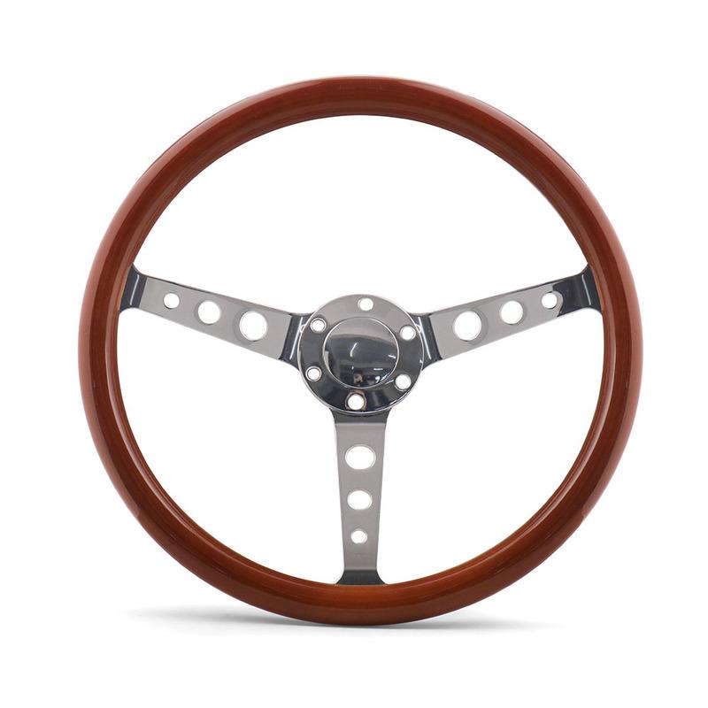 15"/ 380mm Vintage Classic Solid Wood Steering Wheel Stainless Steel Spokes w/ Horn Button
