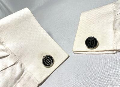Cartier Double C Logo Pattern Cufflinks Silver 925 Black Vintage Button Style