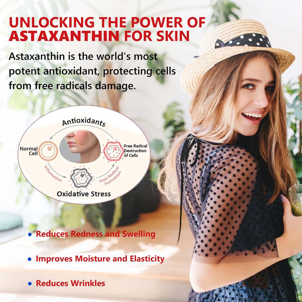 Each serving contains 24 mg of astaxanthin, an antioxidant supplement suitable for skin, eyes, joints, and immune support.