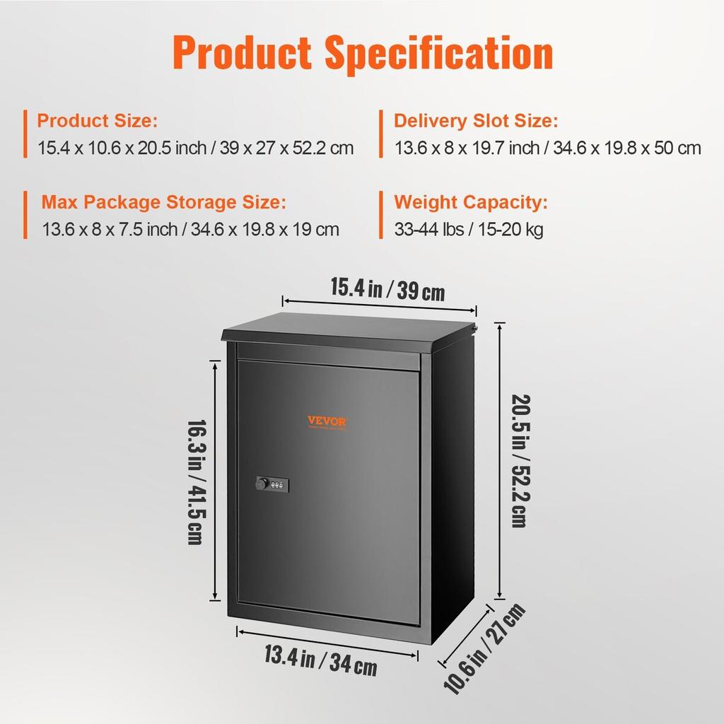 Package Delivery Boxes for Outside 15.4" x 10.6" x 20.5", Galvanized Steel Wall Mount Mailbox with Coded Lock, Anti-Theft Baffle, IPX3 Waterproof