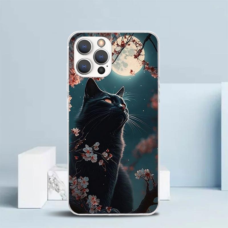 Мультяшный Милый Черный Кот Чехол Для Телефона Для IPhone 16 17 Air 16E 15 14 Plus 13 Mini 12 11 Pro Max 7 8 + SE 2020 Мягкий ТПУ Задняя Крышка 16
