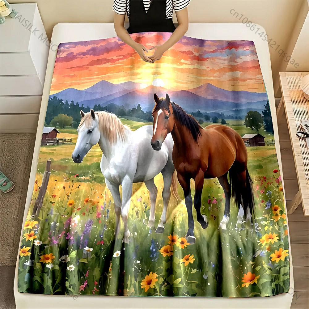 Multi-Sizes Two Horses At Sunset Print Blanket Warm Soft for Sofa Bed Home Travel Camping Blanket All Seasons Holiday Gifts