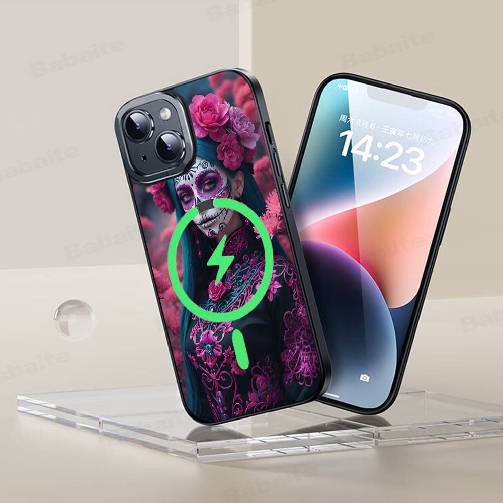 Чехол для телефона Catrina Красивая Девушка Роза Череп Магнитный Чехол Для iPhone 17 16 15 14 13 12 11 Для Magsafe Беспроводная Зарядка Чехол