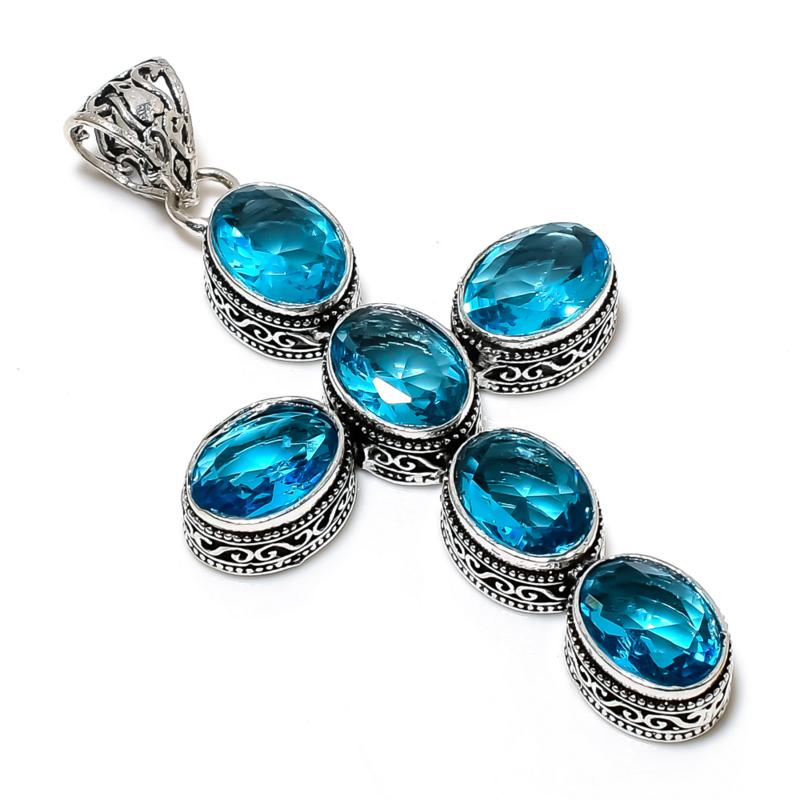 Кулон с драгоценным камнем Голубой Топаз из стерлингового серебра 925 пробы - Ручная работа, Дизайн креста, Ювелирное украшение для повседневной носки, Уникальные подарки-кулоны с Голубым Топазом