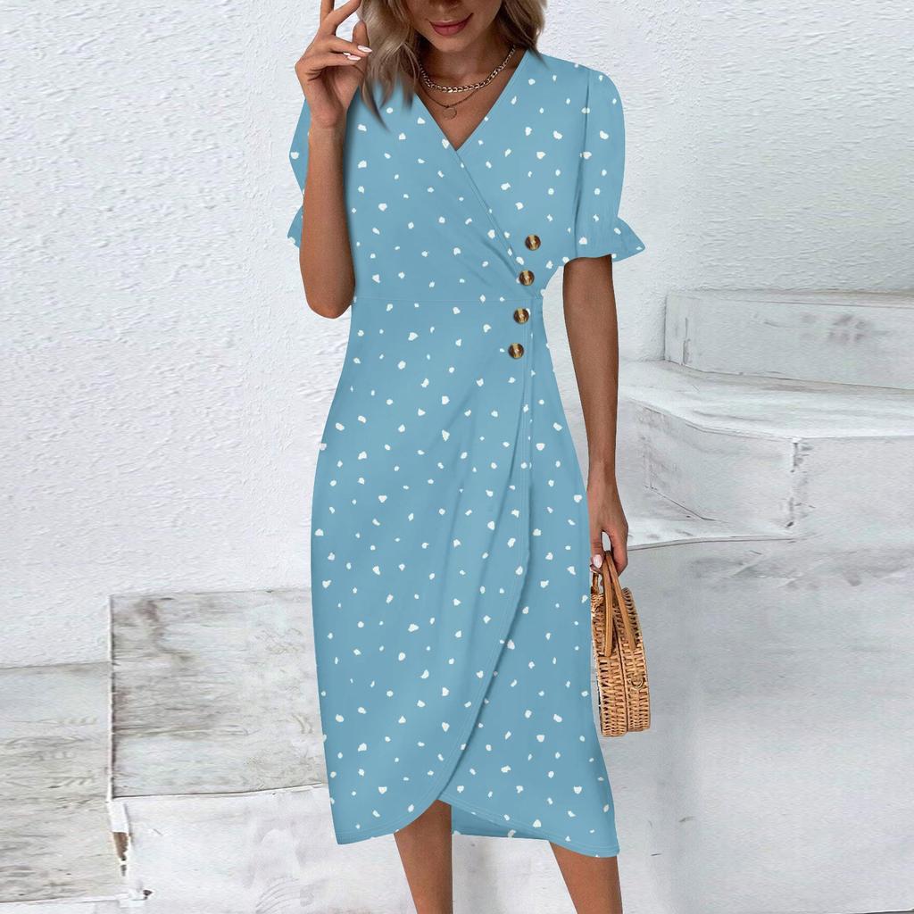 Beach Dresses For Women Spring Summer Elegant Wrap V Neck Floral Boho Dress Flowy Ruched Hawaiian Maxi Dress