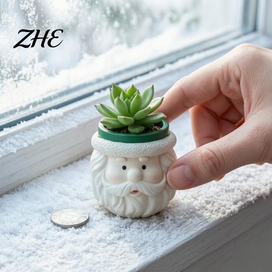 Durable Resin Planter Cute Santa Claus Flowerpot, Decorative Christmas Desktop Flower Pot Planter, Hand Painted Container for Indoor Home Office Decor