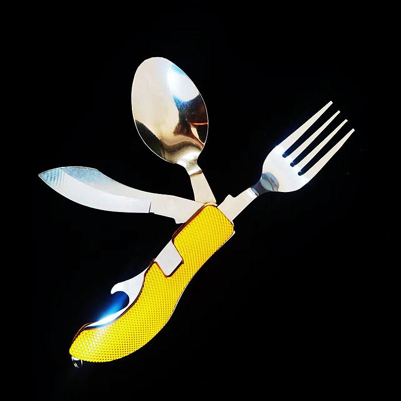 Многофункциональный набор столовых приборов из нержавеющей стали для кемпинга: Складной нож, вилка и ложка.