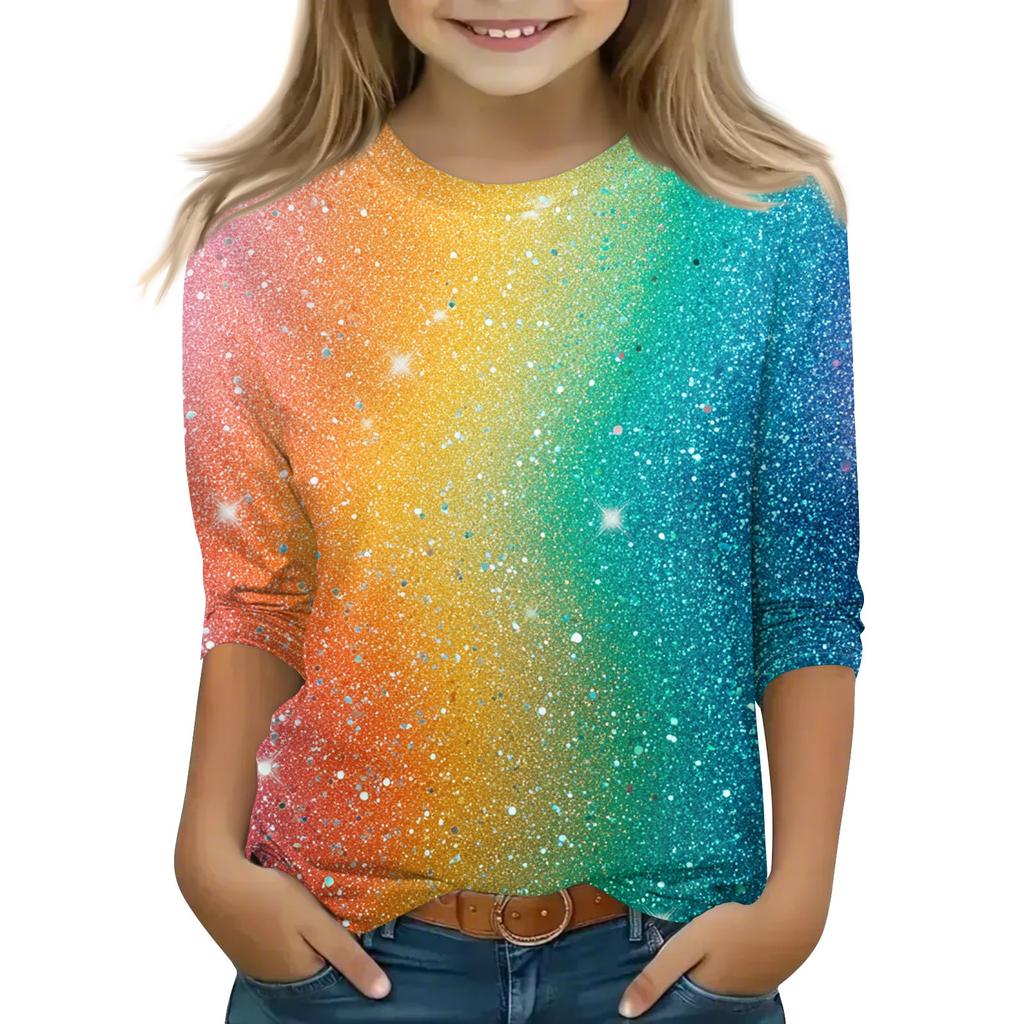 Топы с принтом для девочек 5-16 лет с круглым вырезом и рукавами 3/4 Футболки Модные топы Наряды Футболки