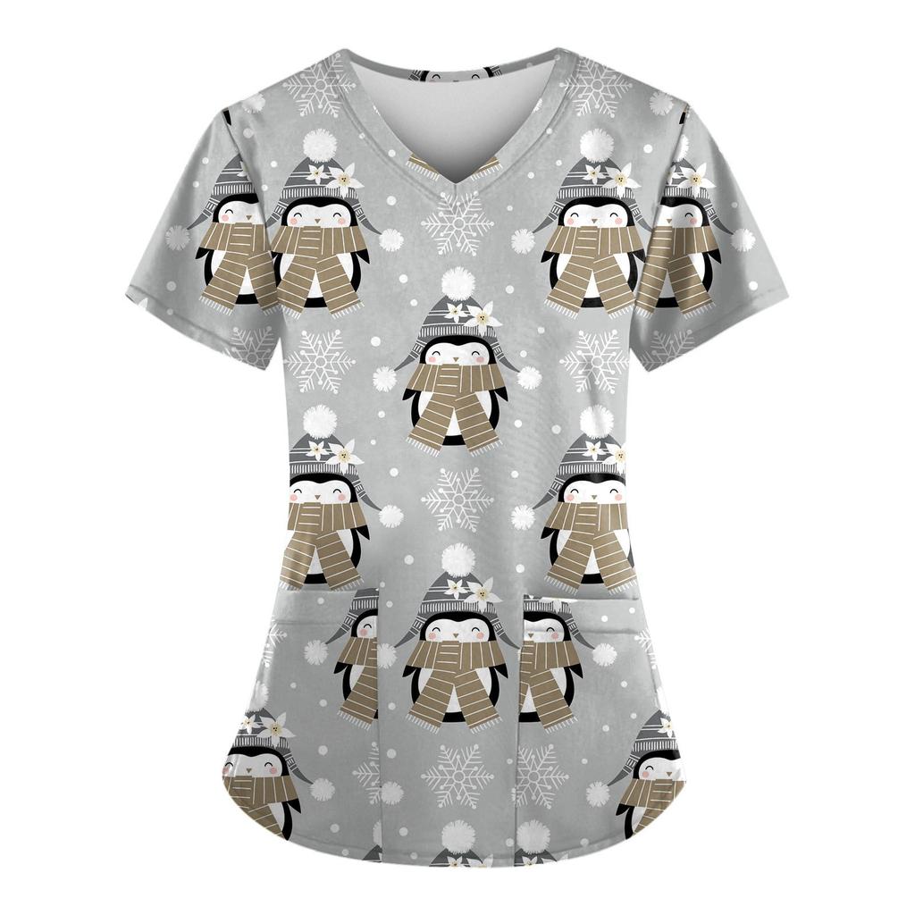 Women's Fashion Christmas Printed Short Sleeve V Neck Pattern Tops Pocket Working T-shirts