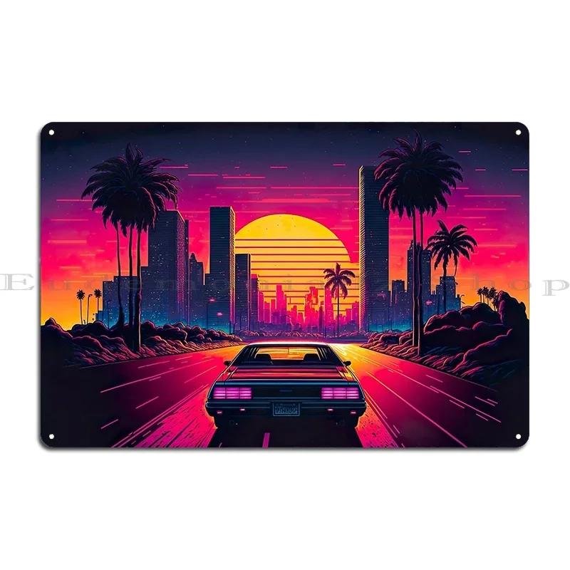 Shoreline Drifter Car Driving Towards Synthwave Sun Through s Miami Metal Plaque Printing Customize Tin Sign Poster