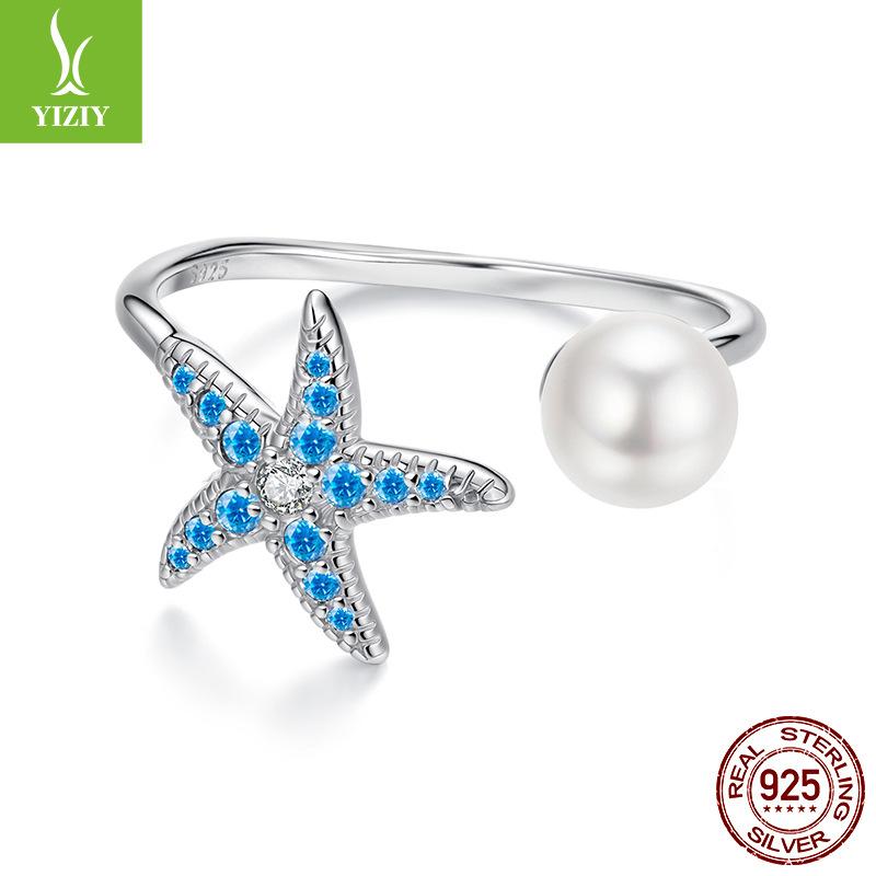 S925 Sterling Silver Starfish Bead Open Ring, Summer Small Fresh Design Ring Jewelry