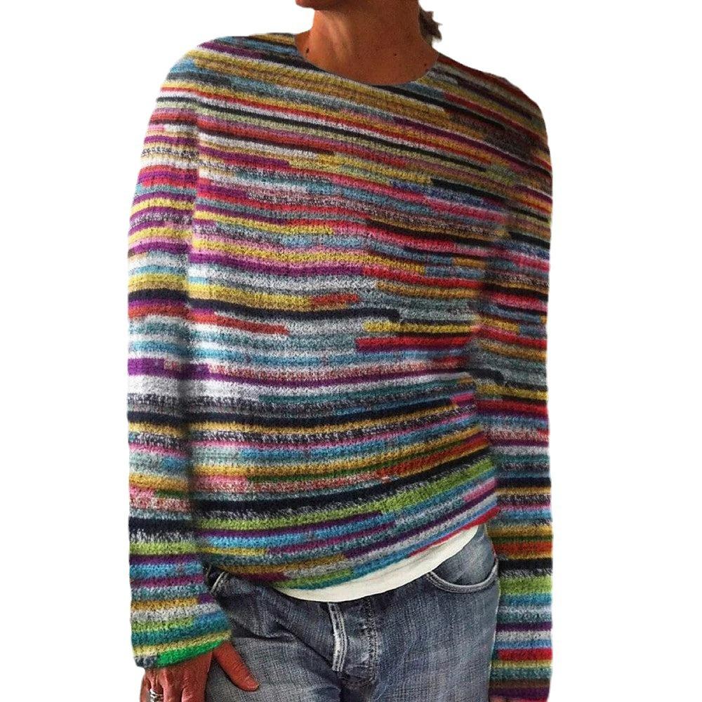 Women's Multicolor Striped Long Sleeve Round Neck Regular Fit Knit Sweater