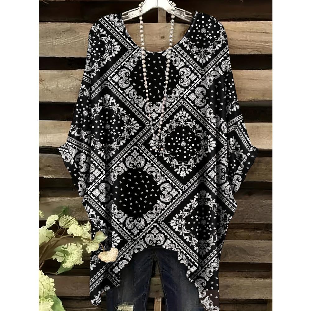 Летняя женская футболка в этническом стиле с принтом, удлиненная спереди, с круглым вырезом, повседневная, удобная, футболка в стиле Y2k, винтажная женская футболка с коротким рукавом