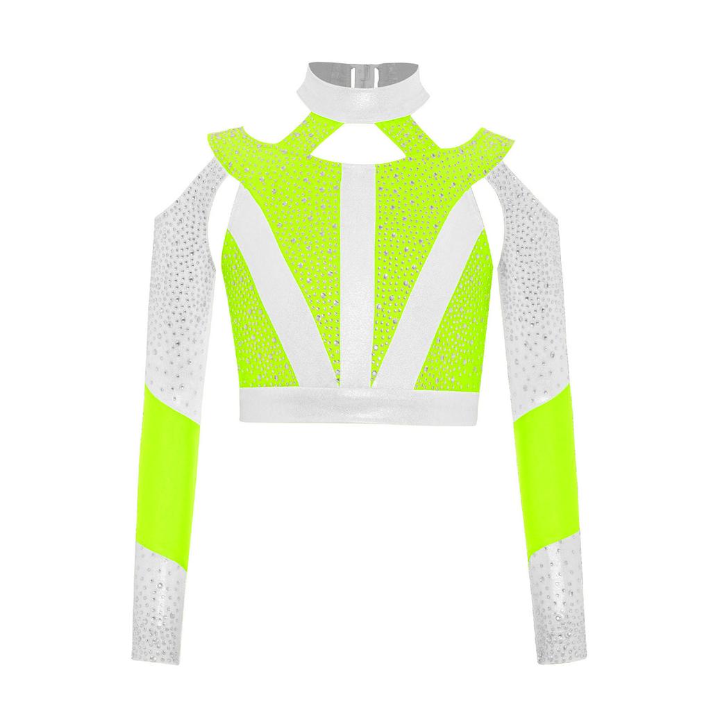 Girls Gymnastics Dance Top Long Sleeve Shiny Rhinestone Color Block Cross Back Cutout Crop Top