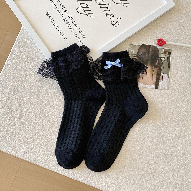 Женские весенне-летние носки с милым кружевным краем и бантом в рубчик