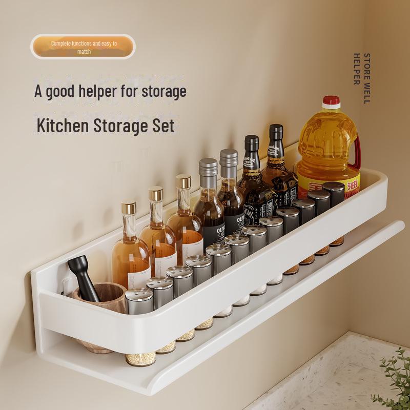 Настенная кухонная стойка в кремовом стиле: Многофункциональное белое хранилище без перфорации для приправ и специй