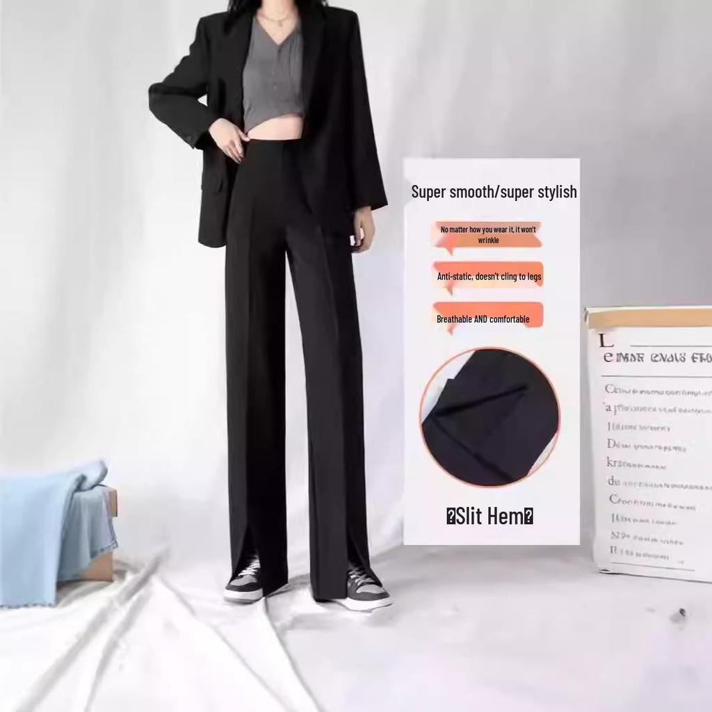 Женские брюки-костюмные микроклеш с разрезом и широкими штанинами с высокой посадкой на осень 2024 года - Универсальные, стройнящие, повседневные брюки