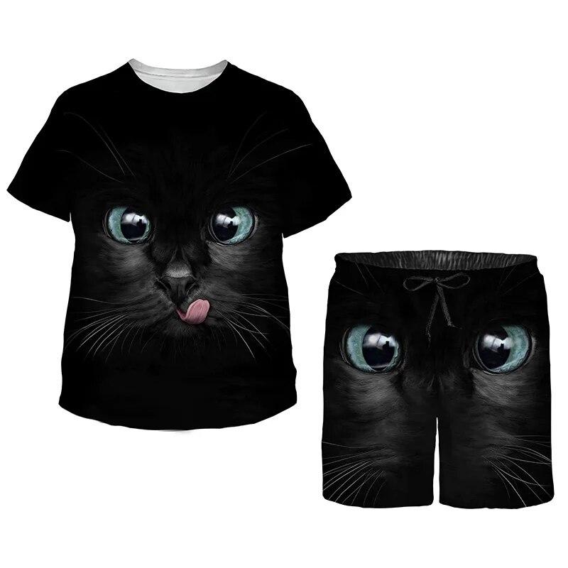 Летний комплект для детей, милый топ с короткими рукавами и шортами с принтом «Кейт», черный спортивный костюм, кавайные пижамы с героями мультфильмов для мальчиков и девочек