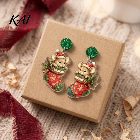 Holiday Party Accessories 1 Pair Cute Christmas Mouse Acrylic Earrings, 2D Flat Cartoon Animal Dangle Fun Jewelry for Girls Drop Earrings Women,