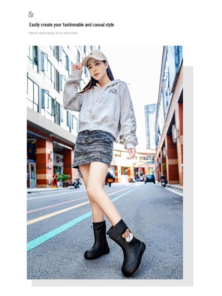 Женские водонепроницаемые резиновые сапоги до середины икры, нескользящая резиновая подошва с хлопковой подкладкой для использования на улице и на кухне.