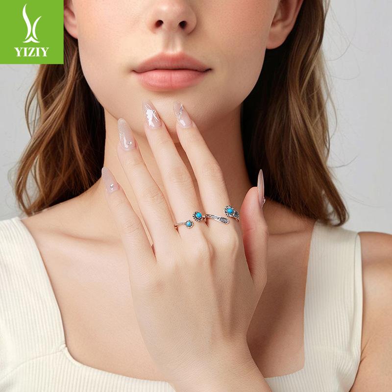 Vintage Sunflower Turquoise Open Ring, Couple'S Classical Engraved S925 Sterling Silver Ring